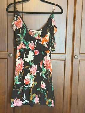Floral Black Slip Dress with Pink & Coral Blooms